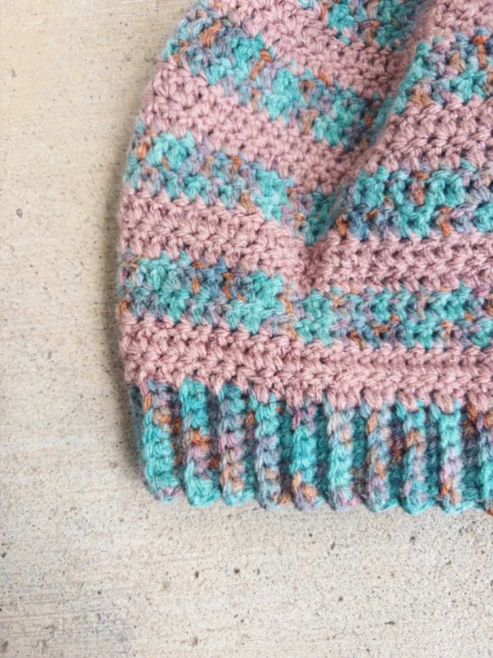 Handmade Crocheted Winter Hat in Pink, Teal, and Purple